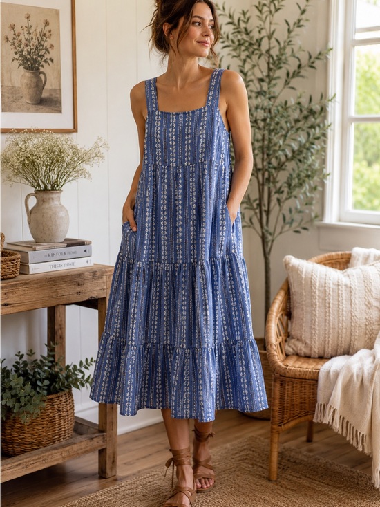 Madewell Dresses & Skirts - Madewell Blue Floral Tiered Midi Dress Women’s 2 Square Neck Cottagecore Pockets